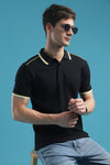 VANTOWO Regular Fit Striped Polo T-Shirt – Black | Premium Cotton