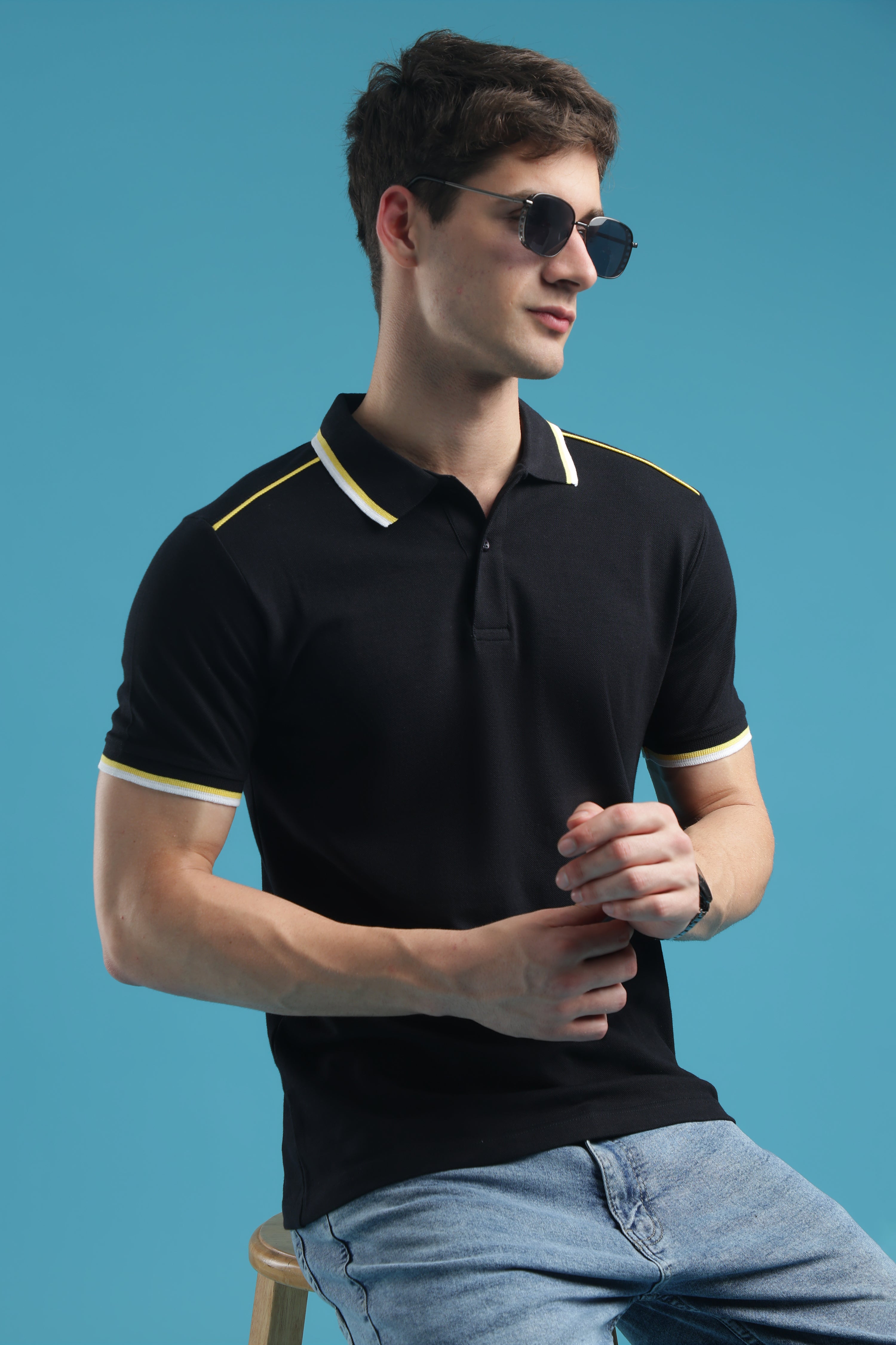 VANTOWO Regular Fit Striped Polo T-Shirt – Black | Premium Cotton
