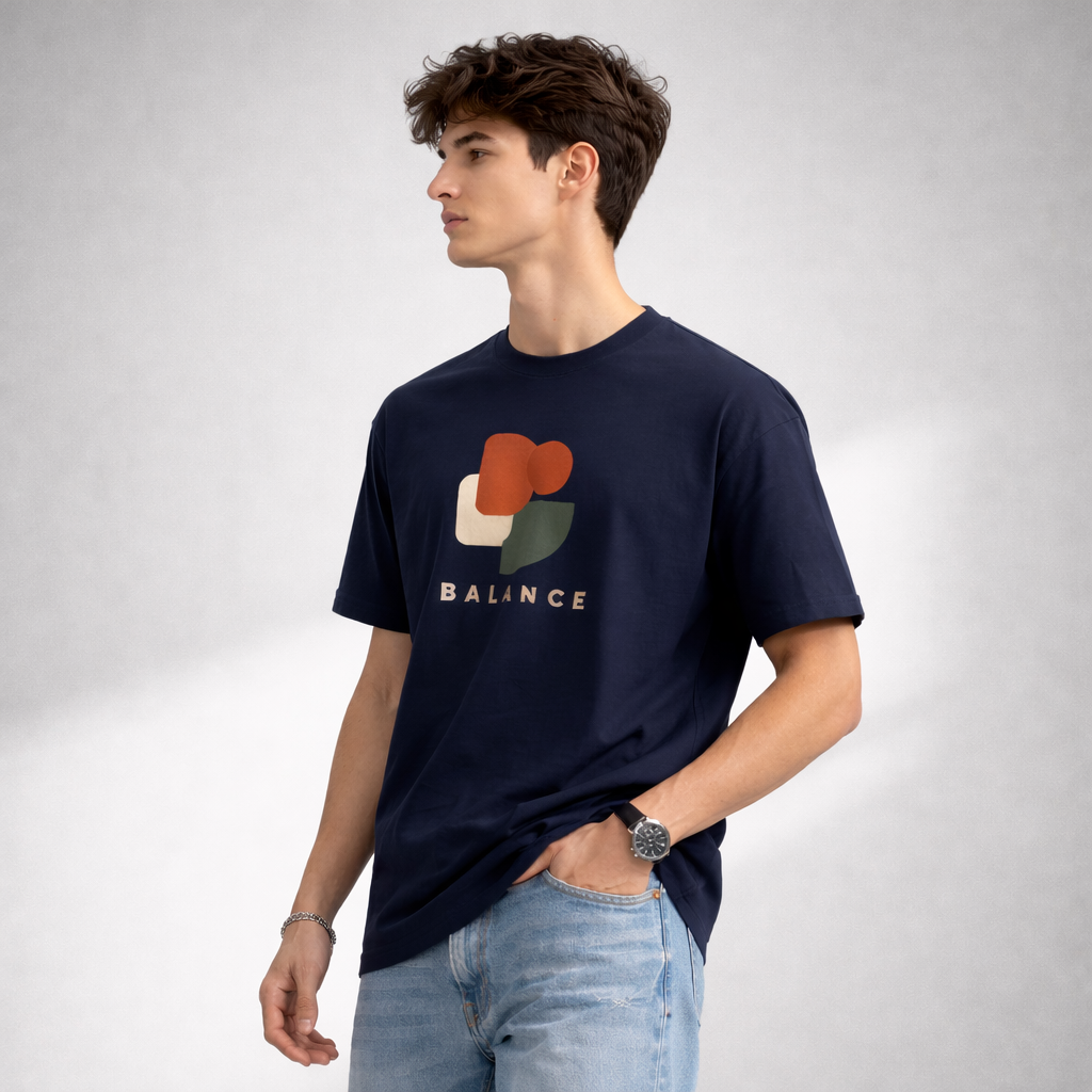 VANTOWO “Balance” Regular Fit Graphic T-Shirt – Navy Blue | Premium Cotton