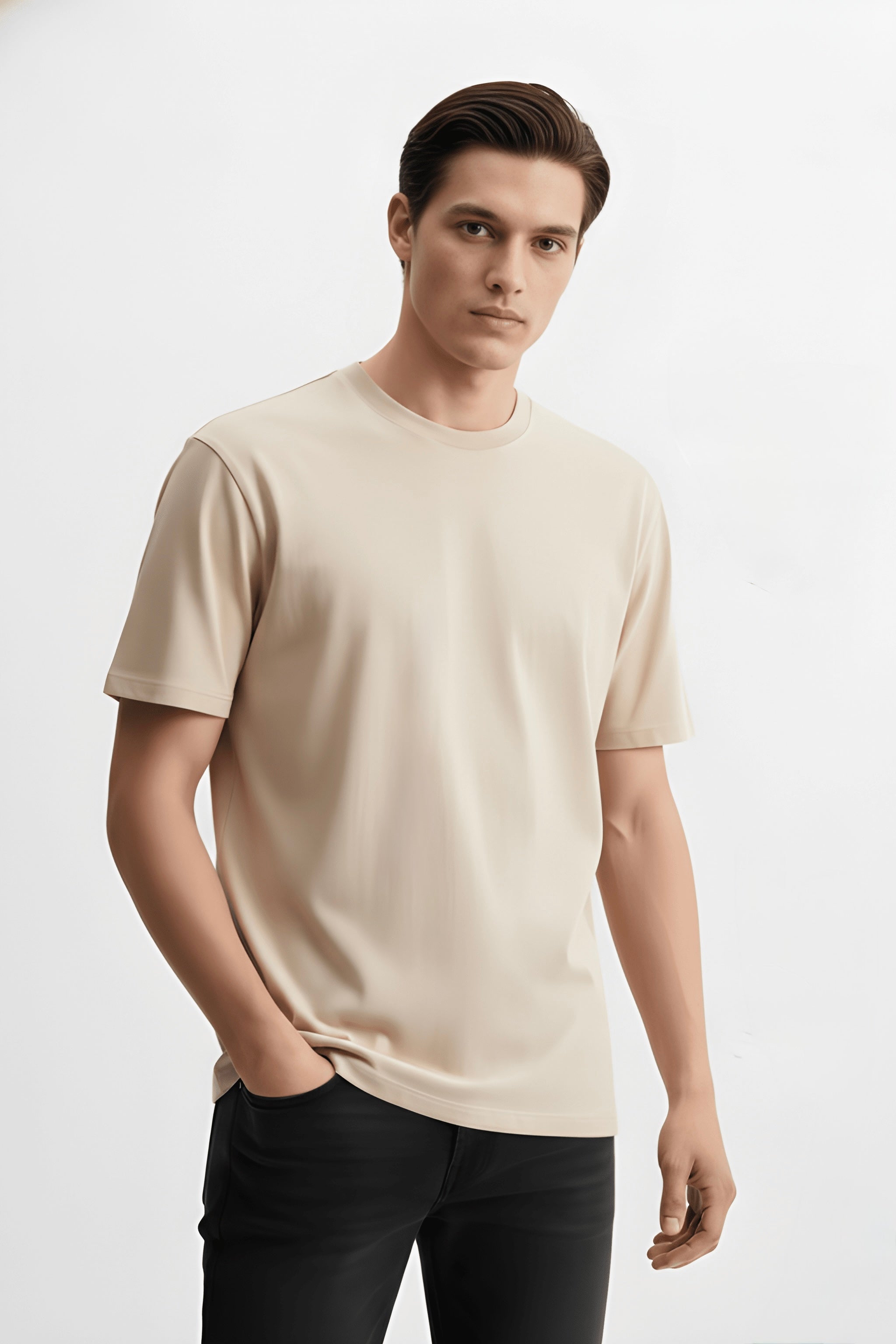 VANTOWO Men’s Regular Fit Solid T-Shirt – Light Beige | Premium Cotton