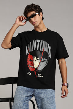 VANTOWO® “3 Face” Heavyweight Oversized Fit Anime Screen Print T-Shirt – Black
