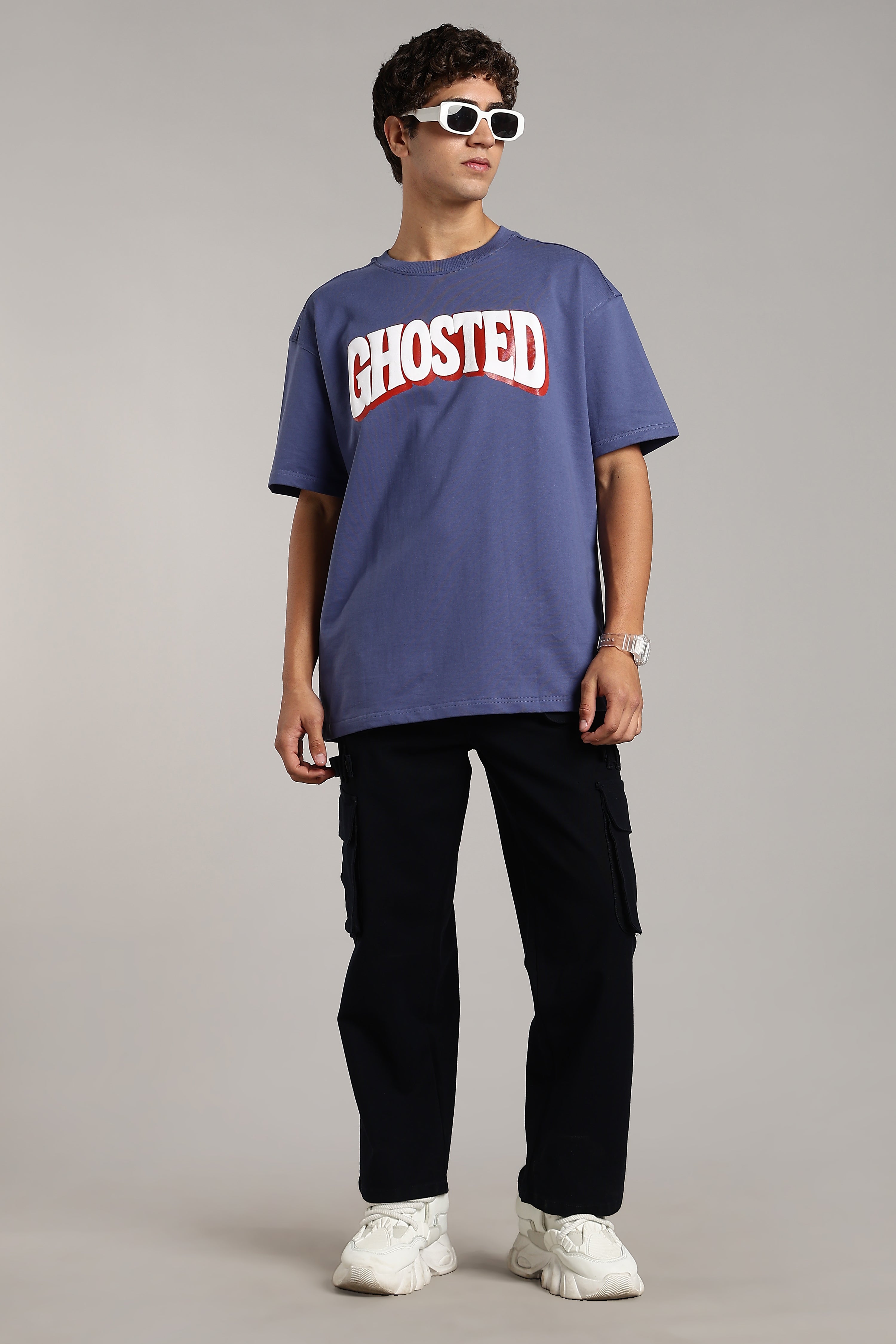 Denim Blue Puff printed Oversized Tees