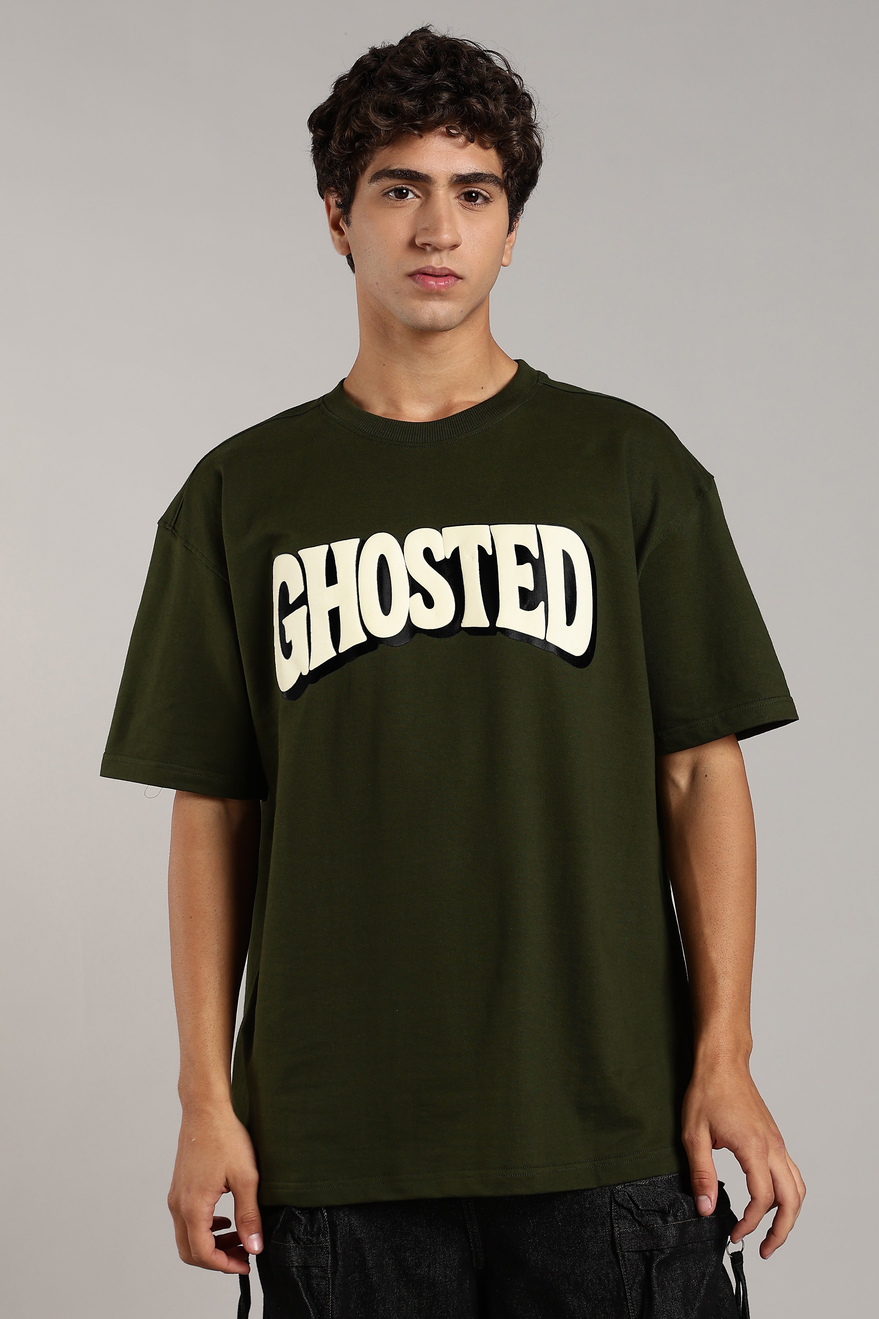 Olive Green Puff Printed Oversized Tees