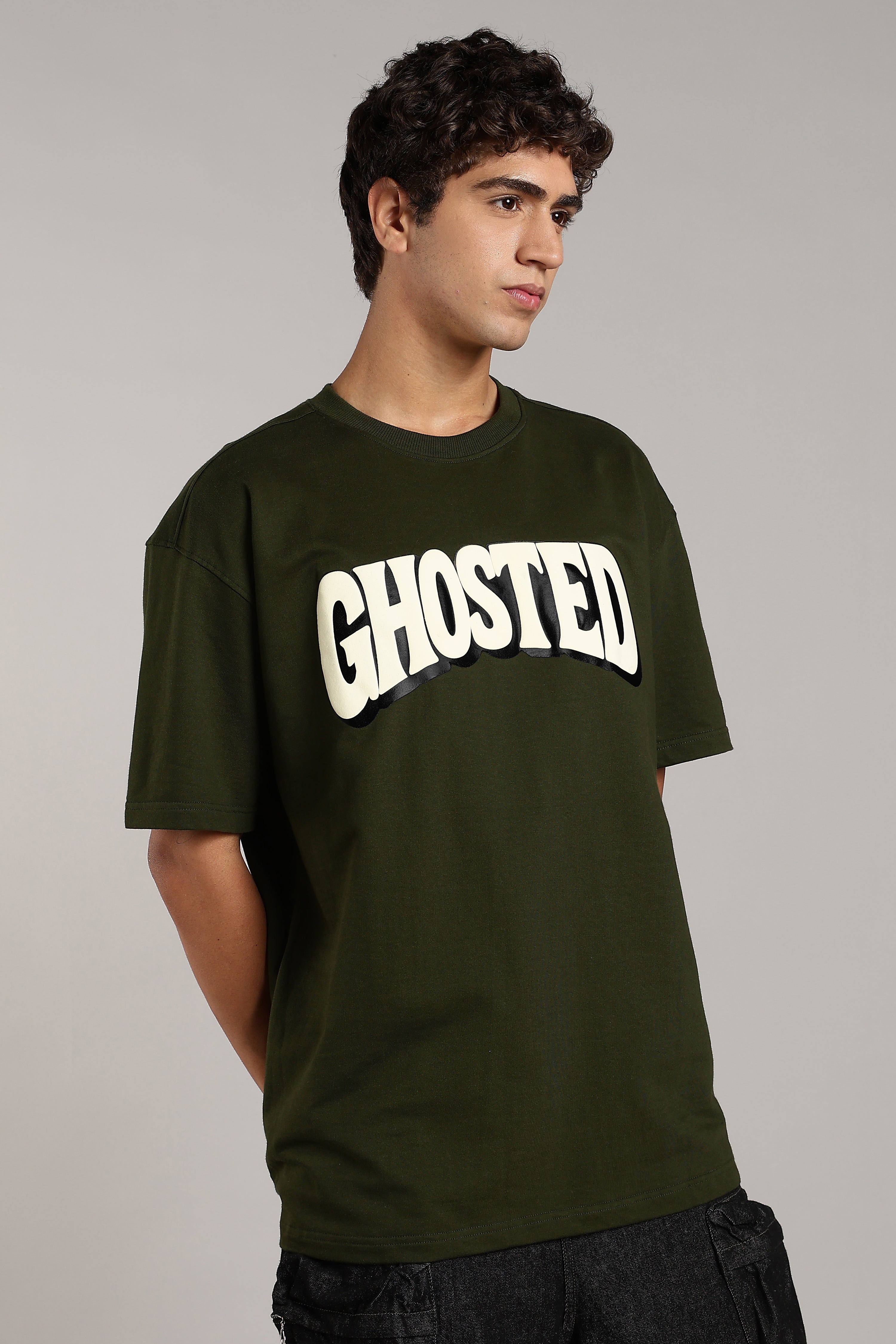 Olive Green Puff Printed Oversized Tees