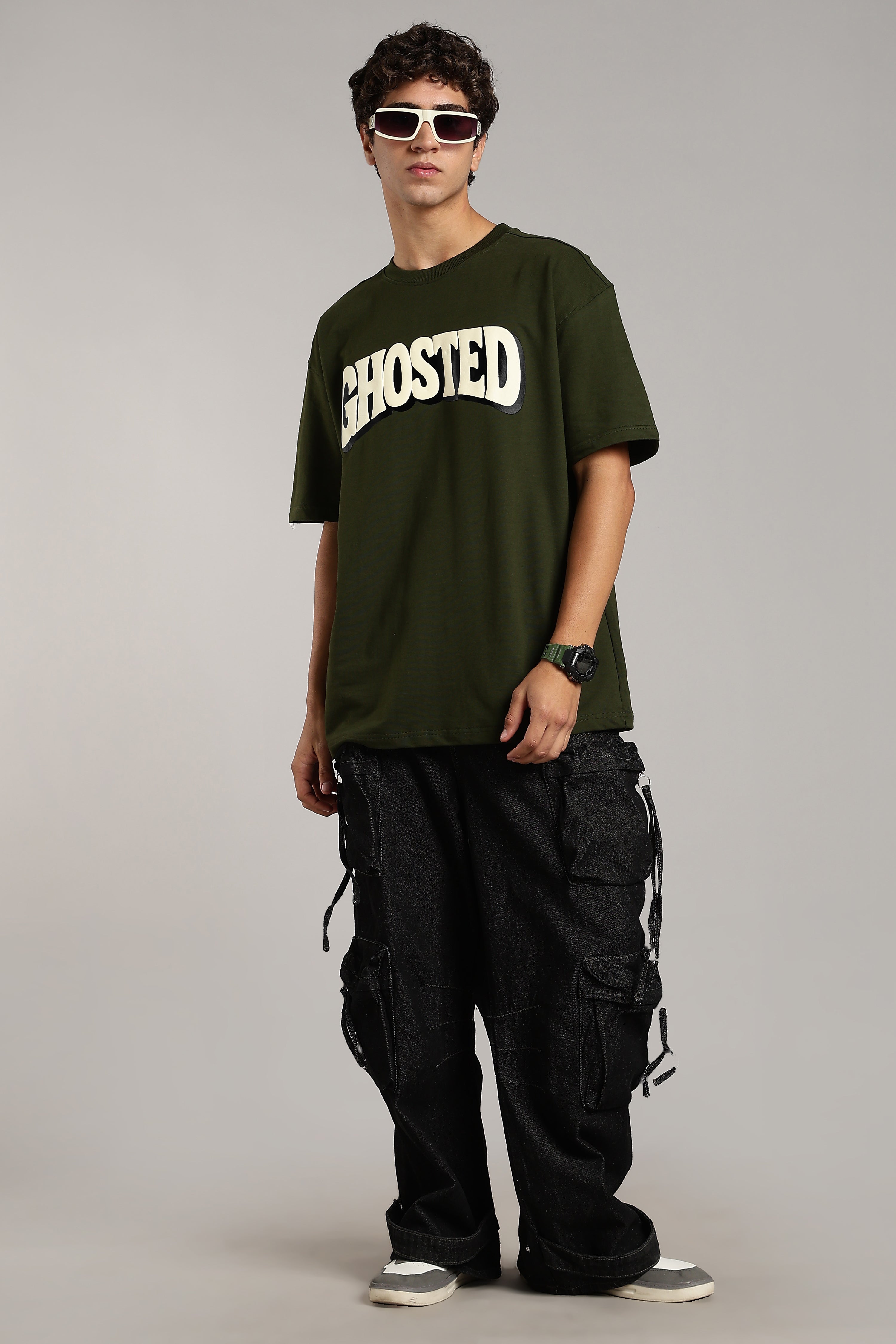 Olive Green Puff Printed Oversized Tees