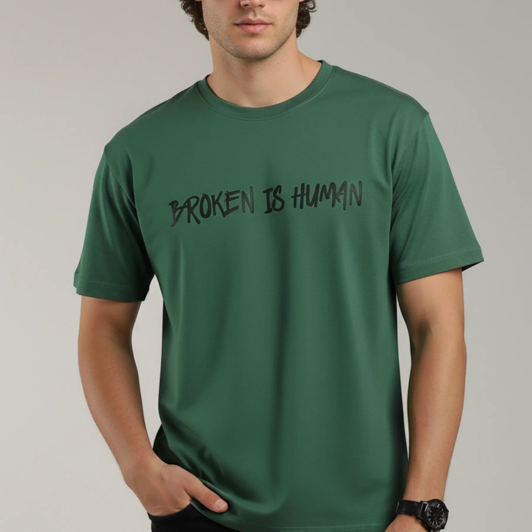 VANTOWO “Broken Is Human” Regular Fit Graphic T-Shirt – Bottle Green | Premium Cotton