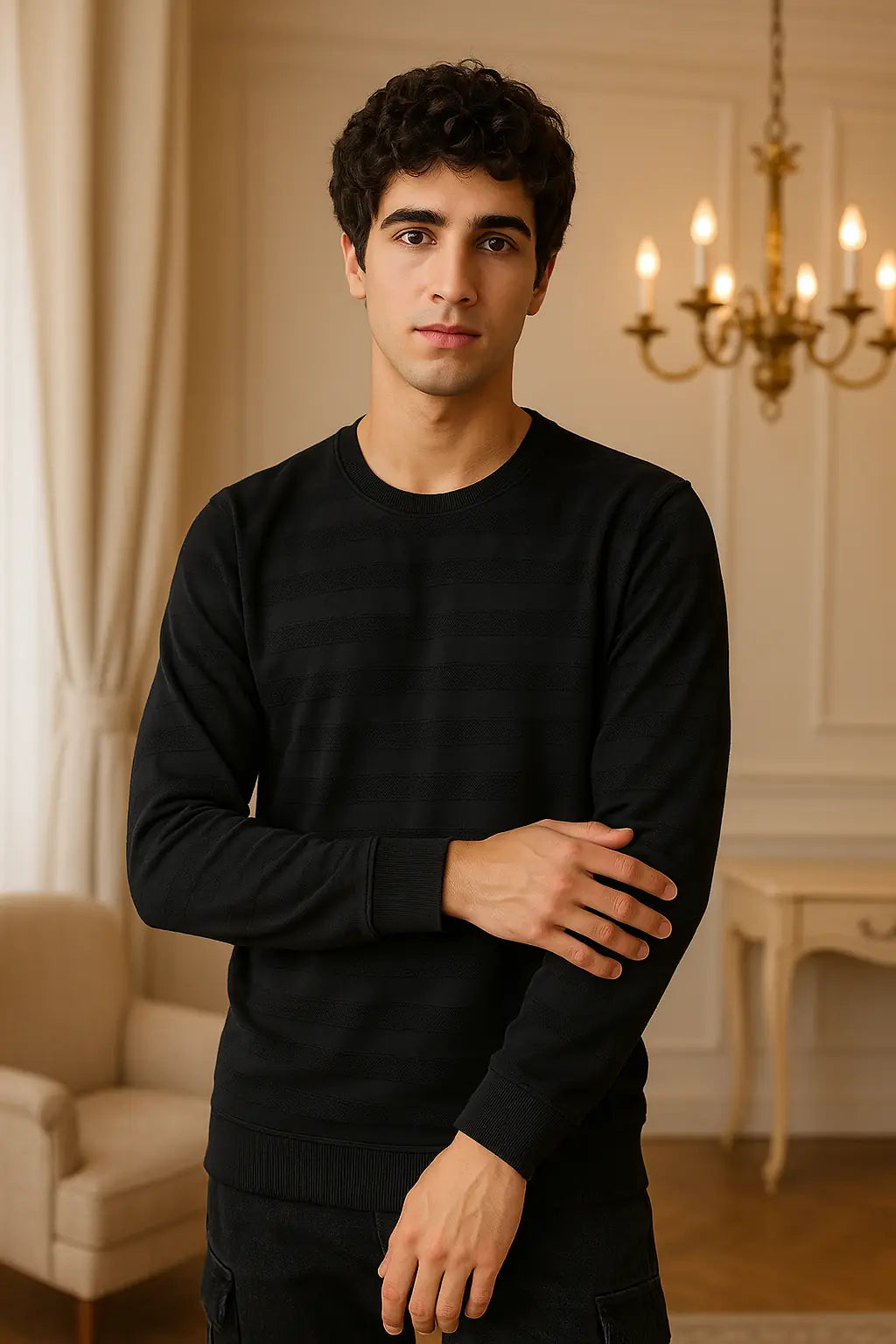 VANTOWO Jacquard Crew Sweatshirt – Black | Premium Fabric