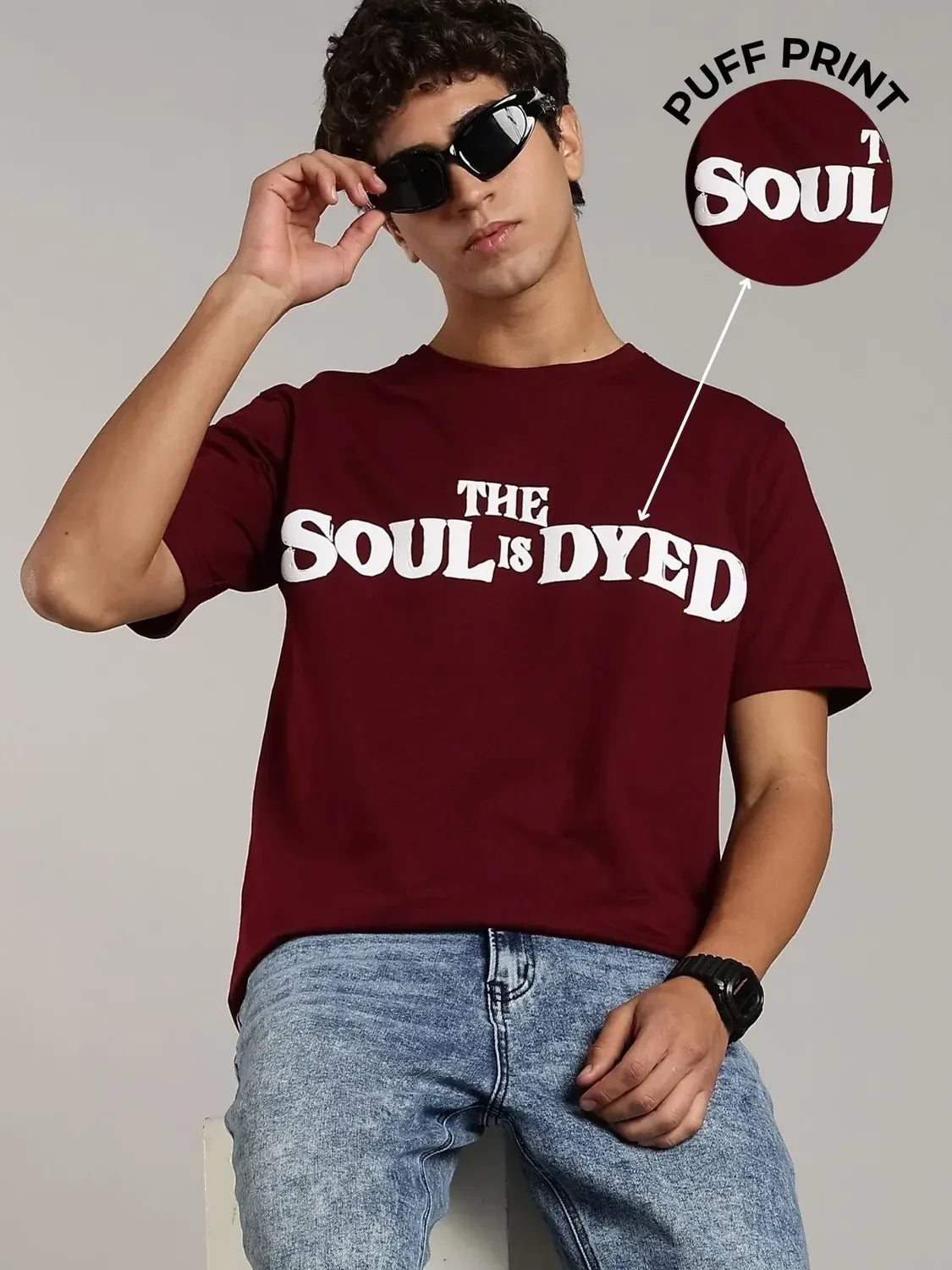 VANTOWO “Soul Is Dyed” Regular Fit Puff Print T-Shirt – Maroon | Premium Cotton