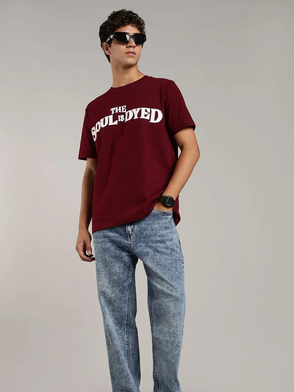 VANTOWO “Soul Is Dyed” Regular Fit Puff Print T-Shirt – Maroon | Premium Cotton