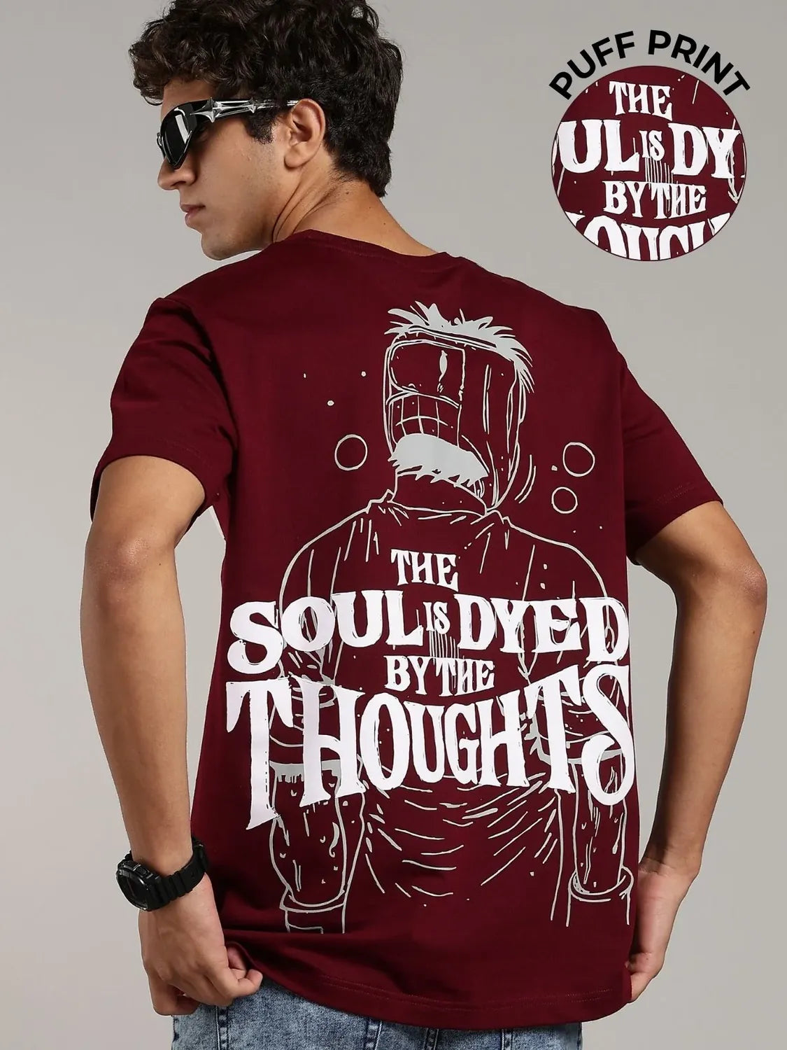 VANTOWO “Soul Is Dyed” Regular Fit Puff Print T-Shirt – Maroon | Premium Cotton